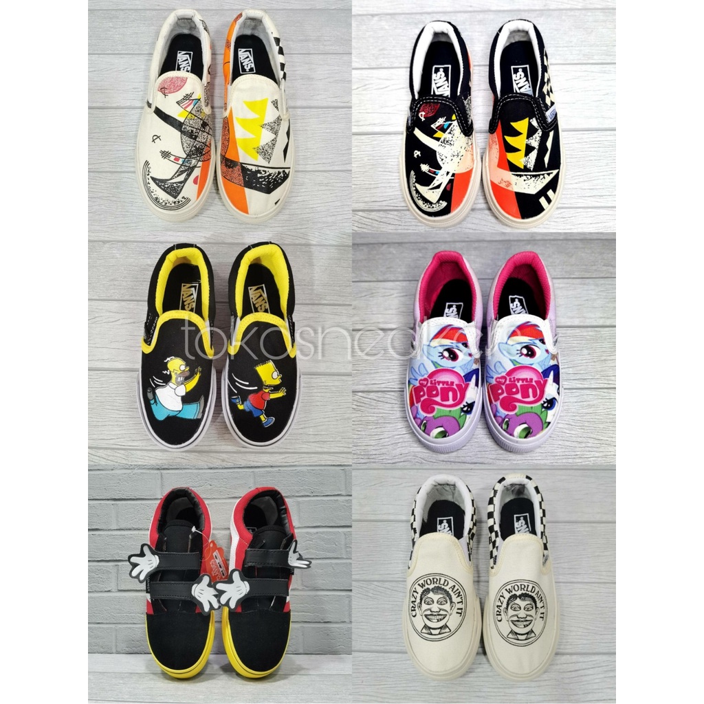 Sepatu Sneakers Anak / Kids Vans Slip On / Velcro Motif - Mickey Mouse / Moma / Pony / Crazy World / Simpsons / Batman
