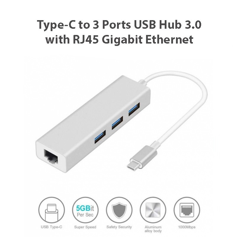 Type C 3.0 to 3 Ports USB Hub 3.0 with RJ45 Gigabit Ethernet- Type C