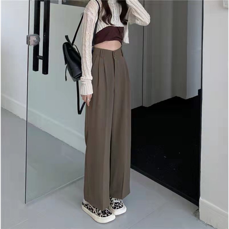 [chaoo.id]Celana panjang lurus pinggang tinggi wanita Korea warna solid celana setelan longgar kasual/celana kulot wanita korean style loose highwait/celana wanita terbaru/straight pants/celana panjang wanita celana bahan