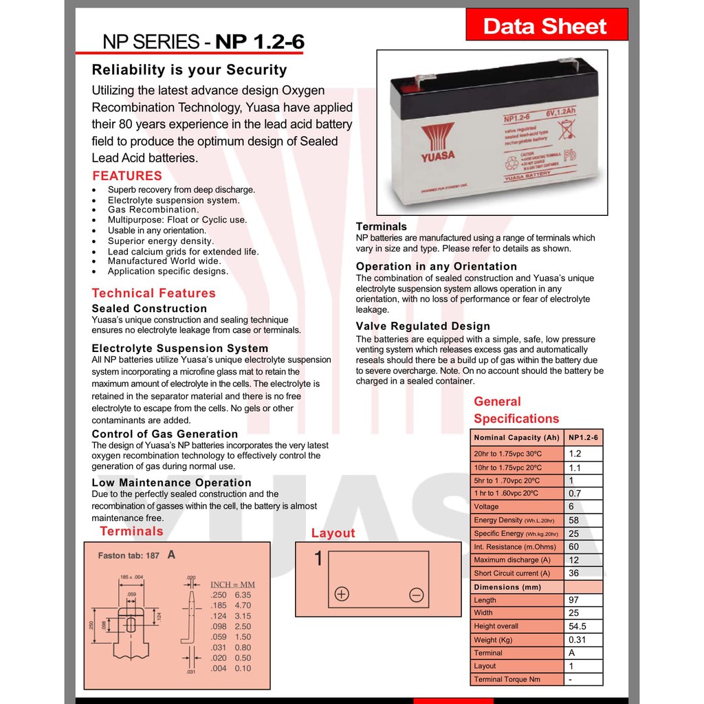 Battery Yuasa NP1.2-6 6V 1,2Ah, Yuasa 6V 1.2AH, Baterai Yuasa 6V 1.2Ah