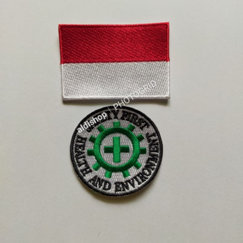 logo bordir SAFETY FIRST bulat set MERAH PUTIH