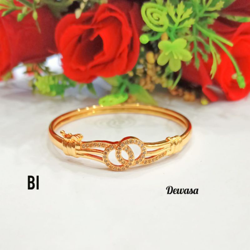 Gelang Bangkok Dewasa Permata Zircon Buka Samping Perhiasan Wanita Gold Modern (COD)