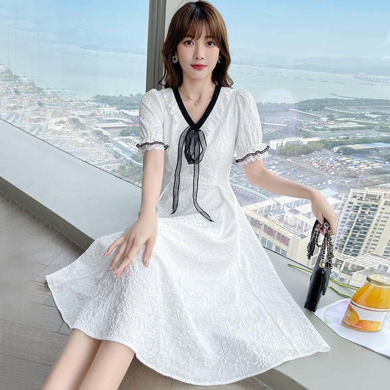 【Rozen】Korean White V-neck Midi Dress R088