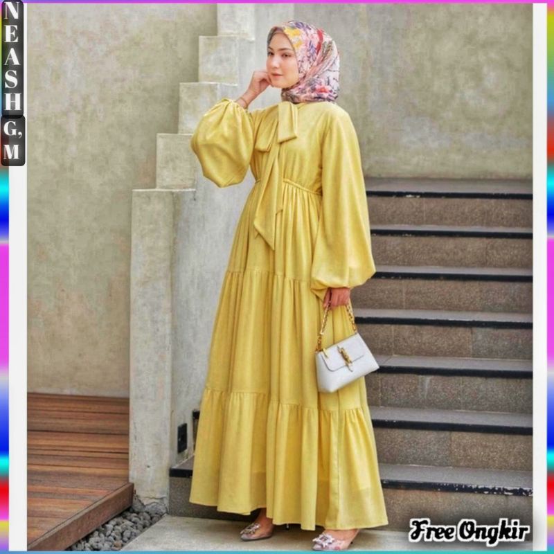 Gamis Zoya Midi Dress Kondangan Remaja Lengan Balon Rayon Premium Rempel  Polos Ori Muslim Terbaru N