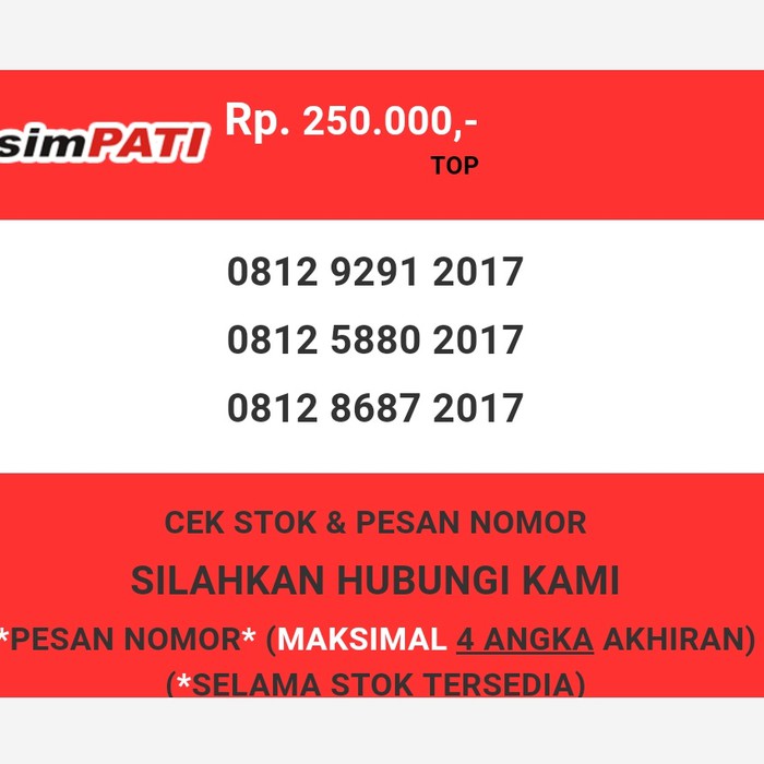 Nomor cantik Telkomsel murah tahun lahir 2017 simpati & loop T0888-250