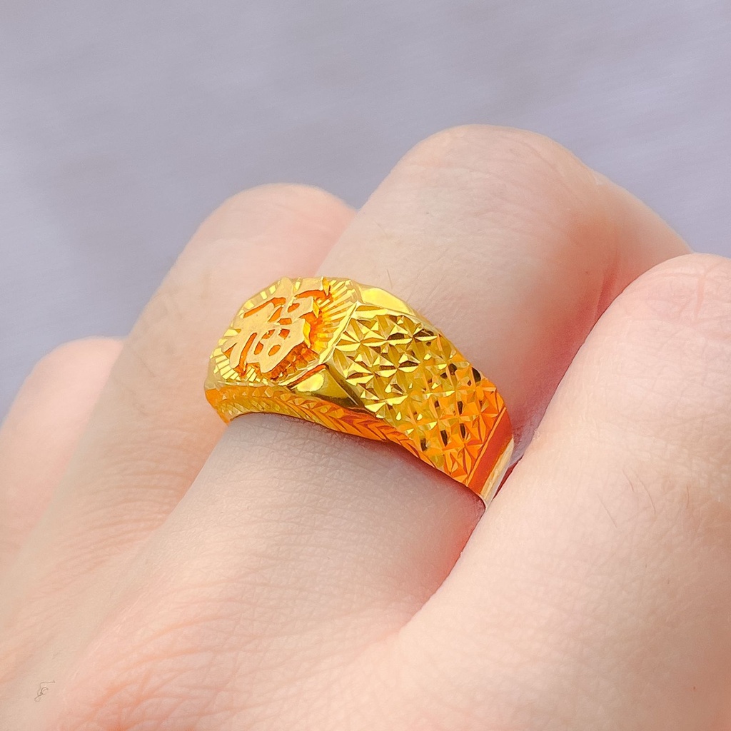 Cincin pria cowok anak dan dewasa emas asli kadar 700 65% 16k lebar ukir 福 hoki blessing ringan 1 gram besar terbaru