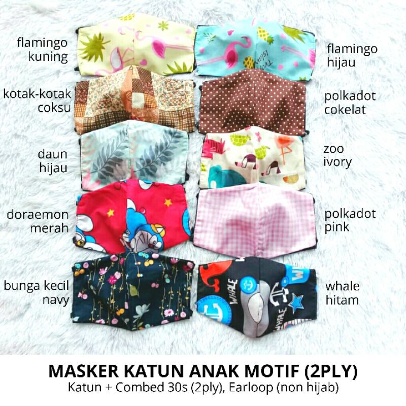 Masker Kain Anak 2 Lapis Duckbill Earloop Motif dan Polos (Katun Jepang+Katun Combed 30s) Adem Murah