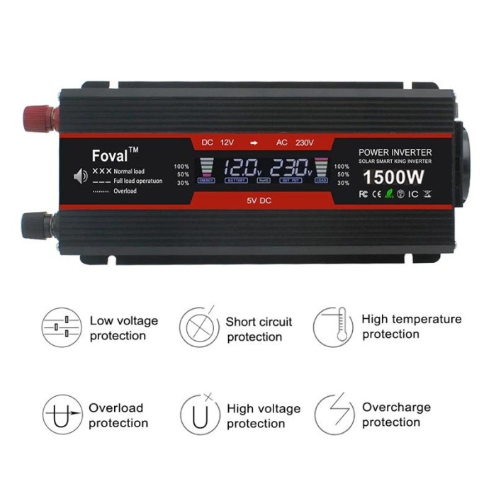 Power Inverter 1500W Solar Inverter 2 USB Port DC 12V to AC 220V