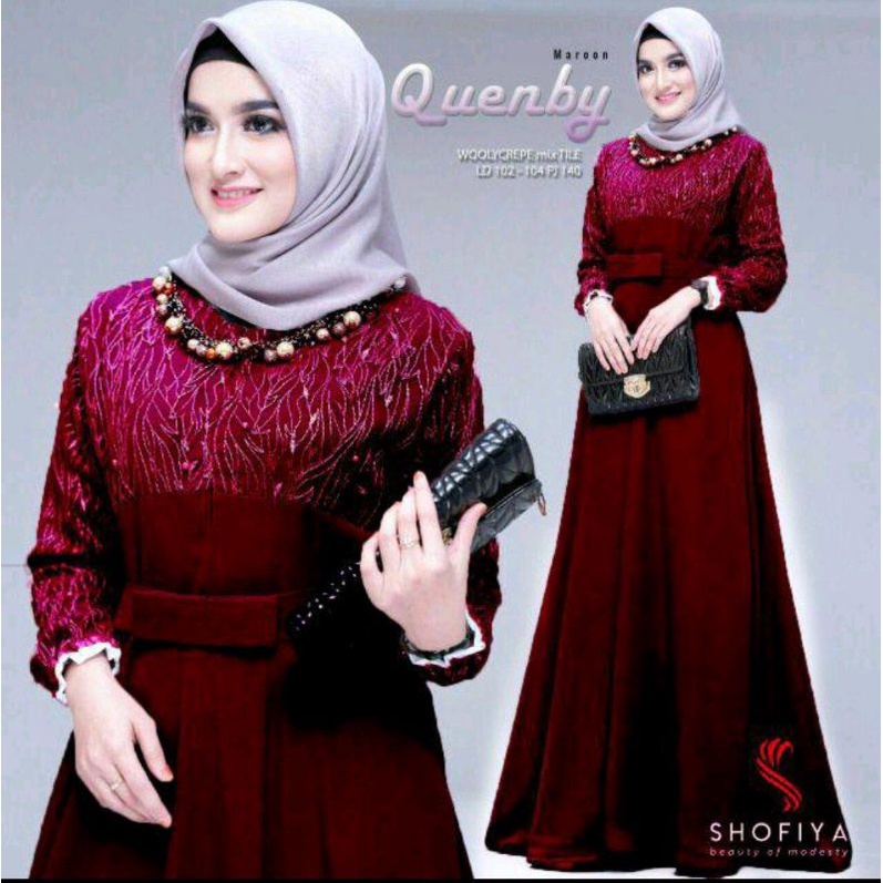 (PROMO)SET SYAR'I BRUKAT JUMBO PRITA MEW MAROON 6 WARNA LAINYA SETELAH HAJI UMROH GAMIS SYARI BRUKAT-Quenby marun