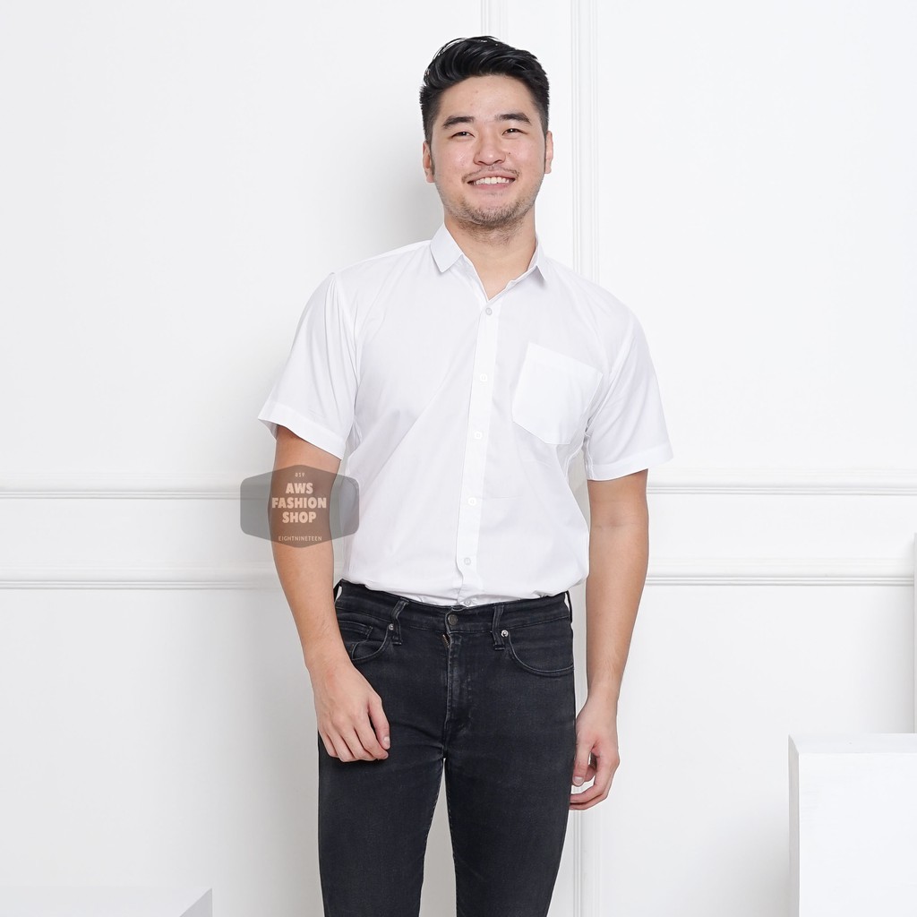 KEMEJA PRIA LENGAN PENDEK COWOK PUTIH POLOS FORMAL CASUAL KEREN 3295