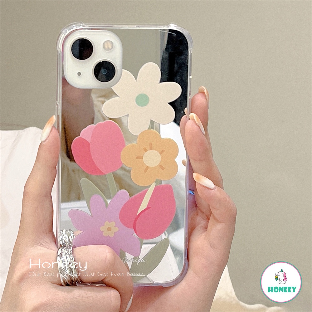 Casing Soft Case Bumper TPU Motif Bunga Aksen Cermin Makeup Untuk IPhone 13 / 12 / 11 Pro Max / X / XS / XR / 8 / 7 +