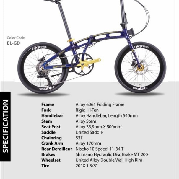 Sepeda Lipat Folding 20 inch United Nigma 5 V Alloy 2021 Garansi SNI-2