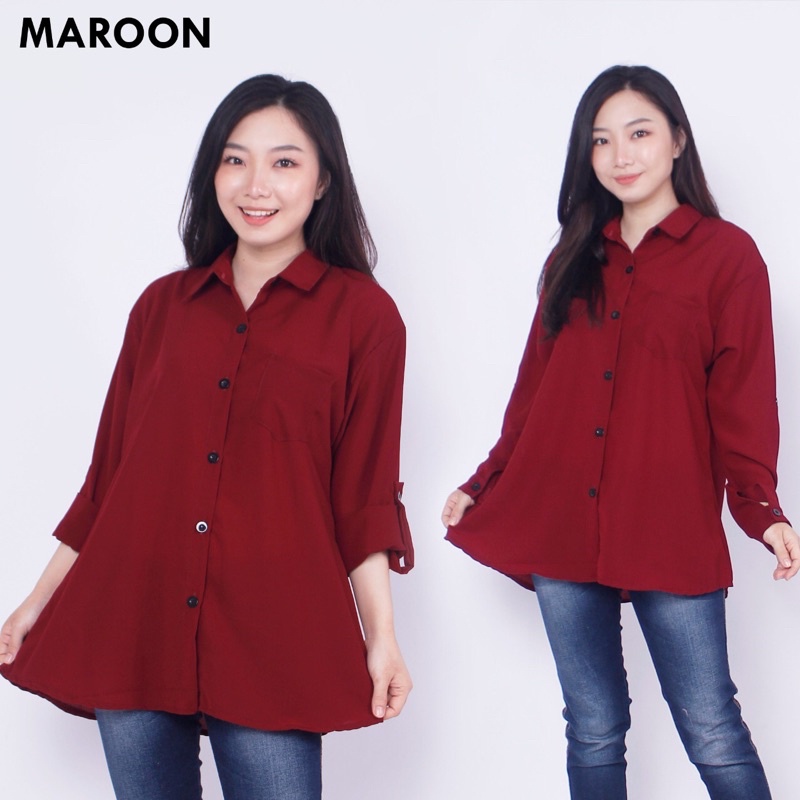 KEMEJA WANITA POLOS BASIC LENGAN PANJANG XL  XXL-Maroon