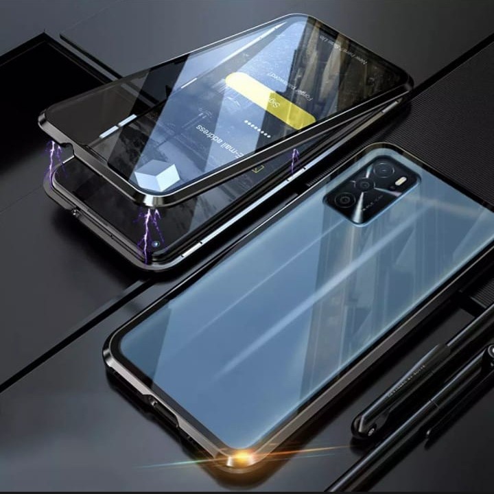 Oppo A16 Double Side Glass Magnetic Case Metal Cover Depan Belakang Casing