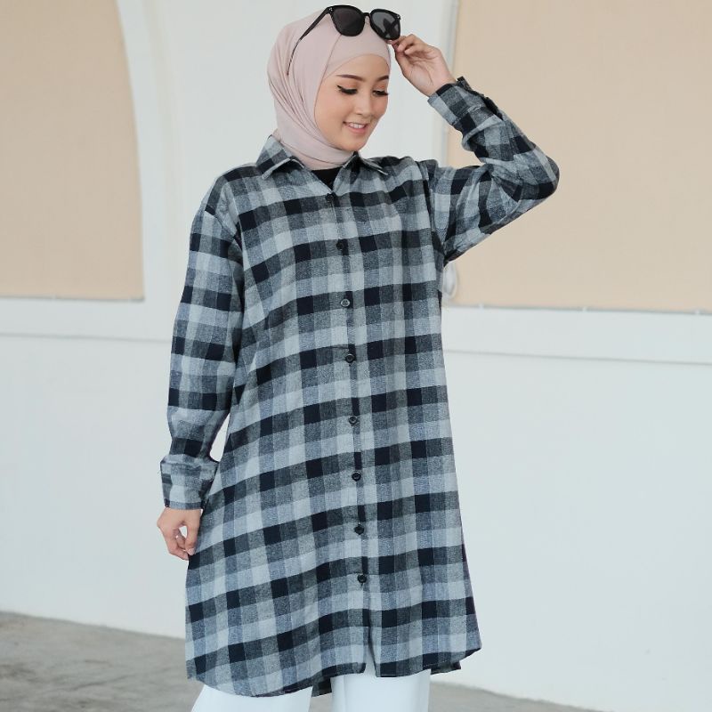 4s Grosir Solo || Kemeja Tunik Kotak Wanita Busui full kancing || Kemaja Tunik Muslimah || TUNIK FLANEL KOTAK KERAH KANCING BUSUI FRIENDLY TARTAN