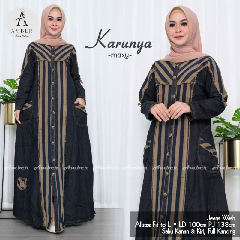 karunya gamis wanita dewasa jeans wash mix motif garis-garis terlaris