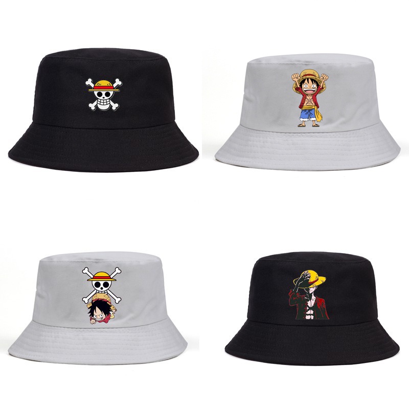 one piece Topi Bucket Pria Dan Wanita Motif Print Anime One Piece Gaya Kasual Untuk Pantai