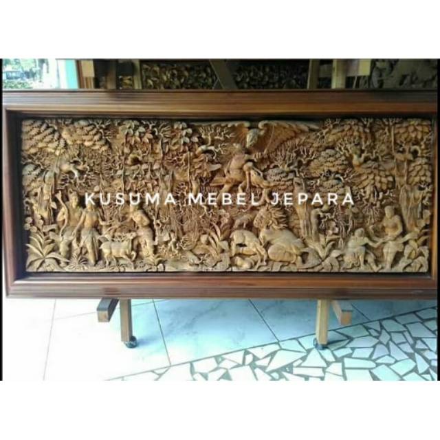 Hiasan Dinding Relief 3 Dimensi Ramayana Kayu Jati - Panjang 250cm