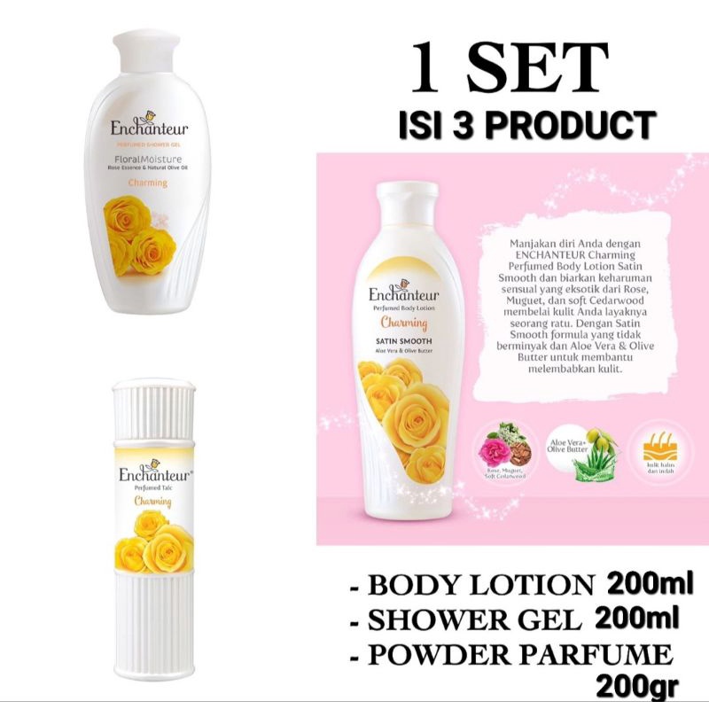 Enchanteur Paket Bundling isi 3 product Body Lotion 200ml | Shower gel 200ml | perfume talc 200gr