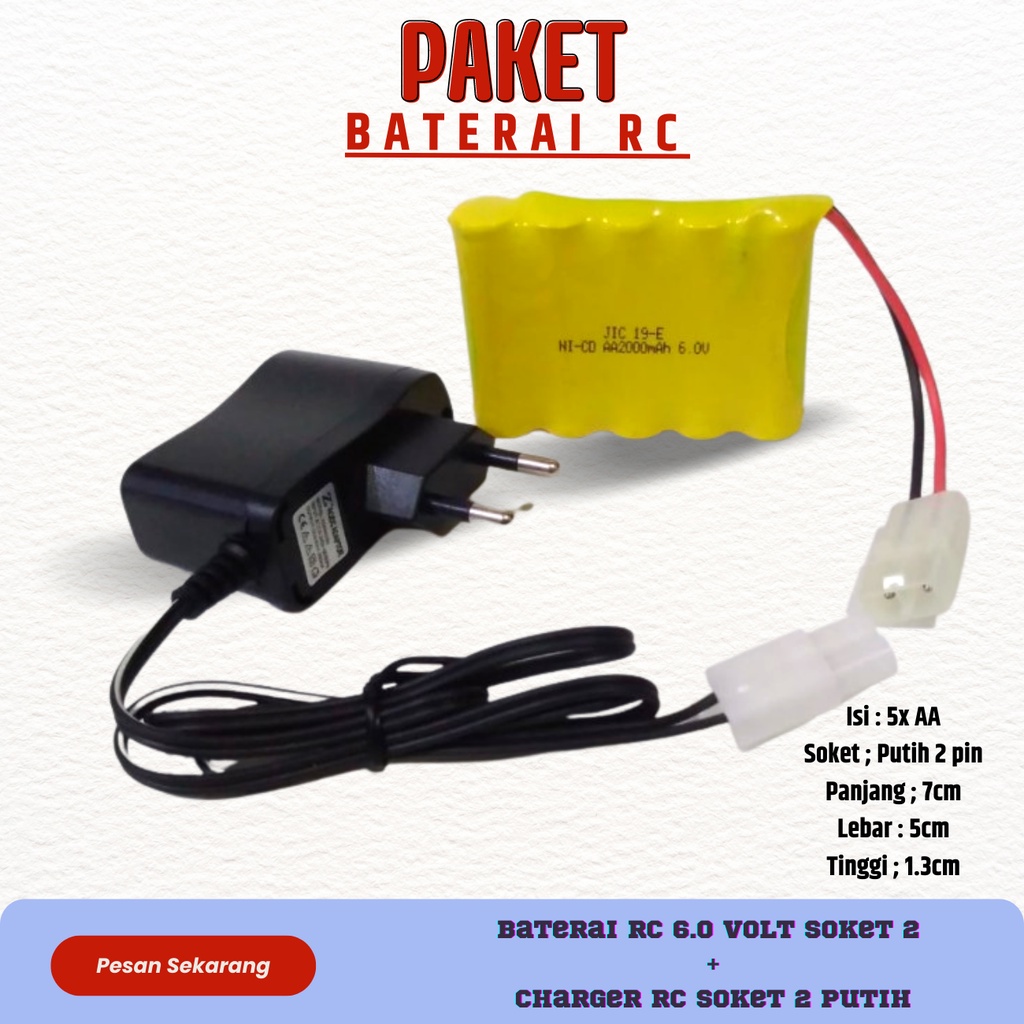 Paket Baterai 6V Soket 2dan Charger Batre Mobil remot Batrei RC 5 Soket Hitam 6 Volt Battery Remote