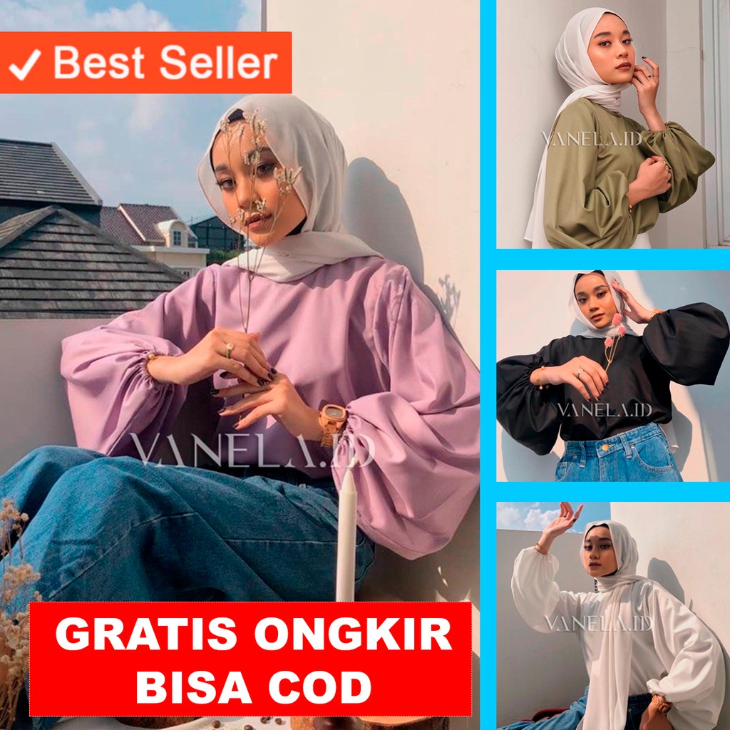 BLOUSE WANITA LENGAN BALON OVERSIZE LILAC BAJU ATASAN