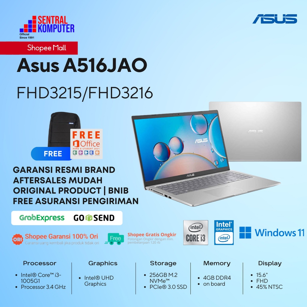 Jual Asus A516JAO i3-1005G1-4GB-256GB SSD-Win 11+OHS | Shopee Indonesia