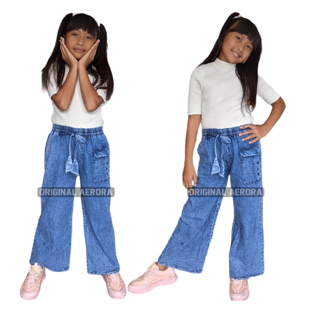 Celana Panjang Kulot Jeans Jens Anak Perempuan Tanggung 10 12 Tahun Kekinian Import Pinggang Karet Lp 80 P 80 Fit M-XL Allsize