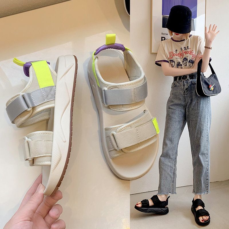[littlecrab] Sandal Gunung Hitam Putih Neon Sandal Wanita Berkualitas Hak Tinggi Sandal Tali Selop Kasual Kekinian Korean Style