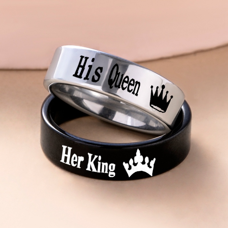 Fancyqube 1 Pasang Cincin Pasangan Desain Her King Dan His Queen Bahan Stainless Steel Untuk Pria Dan Wanita