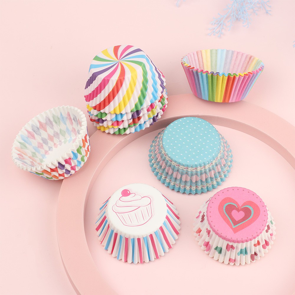 Suyou 100pcs / Set Kertas Pembungkus Cupcake / Muffin Anti Minyak Warna Pelangi Untuk Perlengkapan Dapur