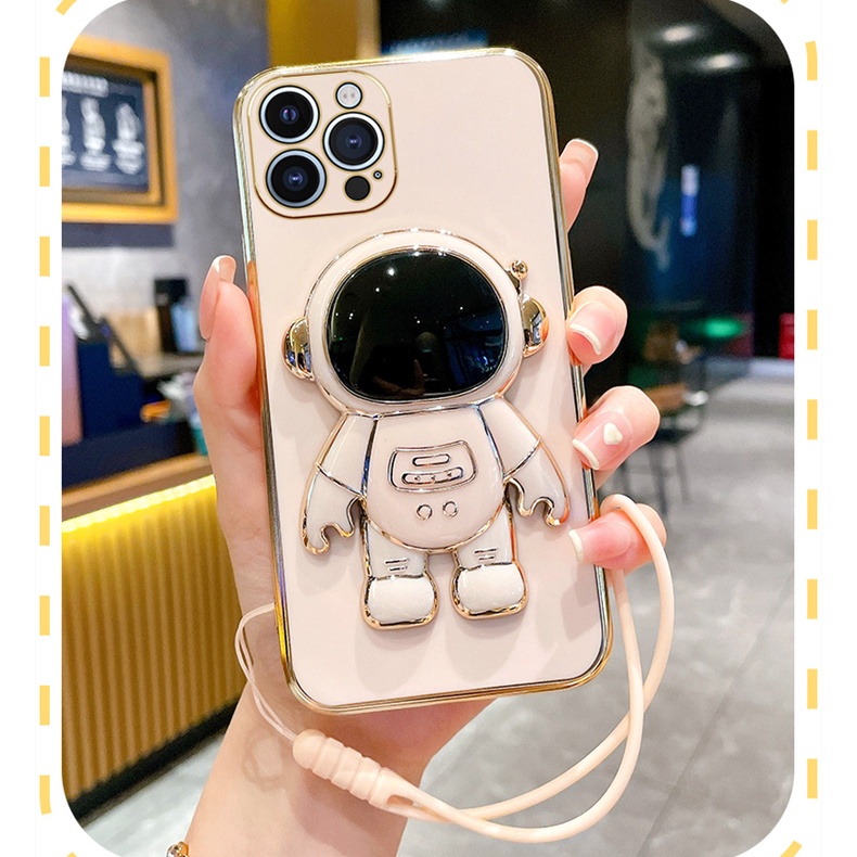 Casing Iphone 14 Plus 14 13 12 11 Pro Max Motif Astronot 6D Electroplating Dengan Stand Lanyard Drop