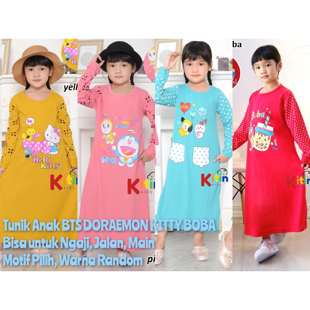 MR - DASTER TUNIK ANAK 2-10 TAHUN/ BAJU MUSLIM NGAJI ANAK PEREMPUAN MOTIF BTS BT21 KITTY DORAEMON