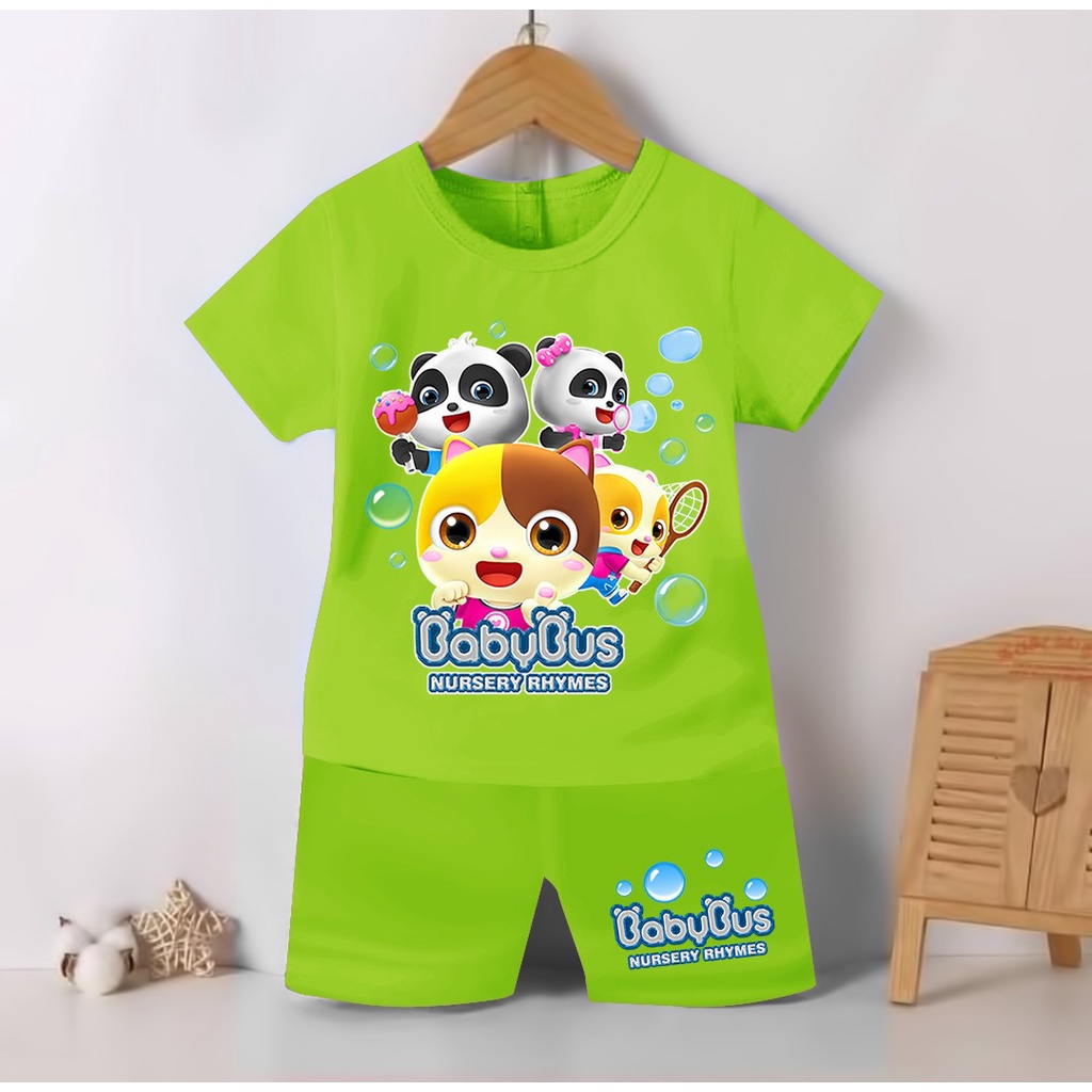 SETELAN BAJU ANAK COWO DAN CEWE MOTIF BABY BUS AND FRIEND  / SETELAN KAOS ANAK COWO DAN CEWE GAMBAR BABYBUS KIKI DAN MIU 1-7 TAHUN ( ASHERKIDS )-HIJAU