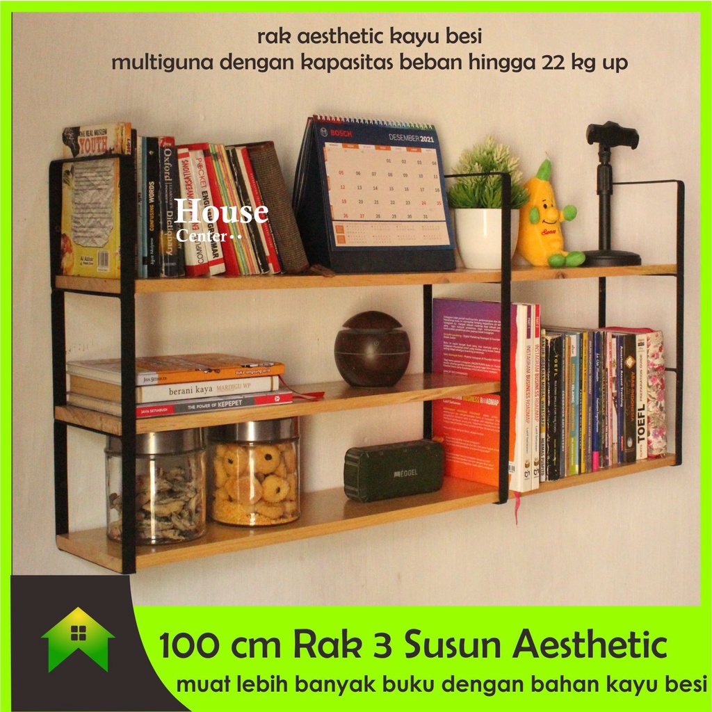 Rak Buku Aesthetic 100 cm lebih kokoh/rak buku gantung 3 susun/rak dinding serbaguna/rak dapur gantu