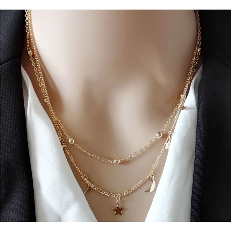 Moon Star Multilayer Necklace Accessories Short Chain Temperament Plaid