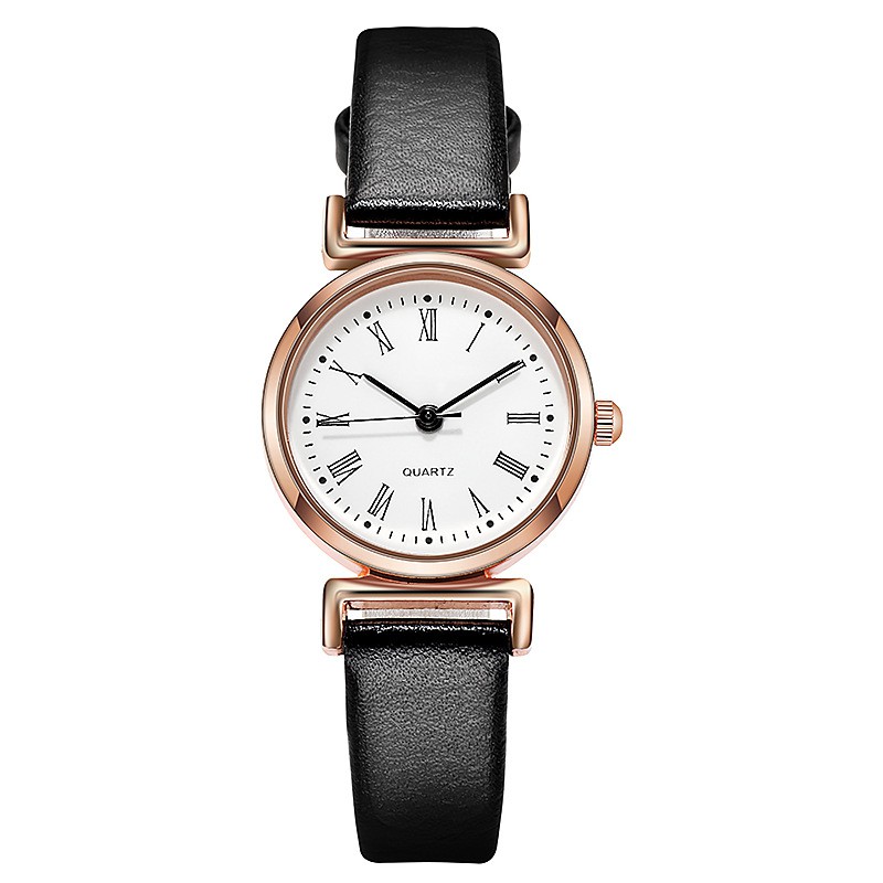 Jam Tangan Analog Quartz Wanita Kecil Tali PU Leather Korean Style Fashion Import-Romawi Hitam