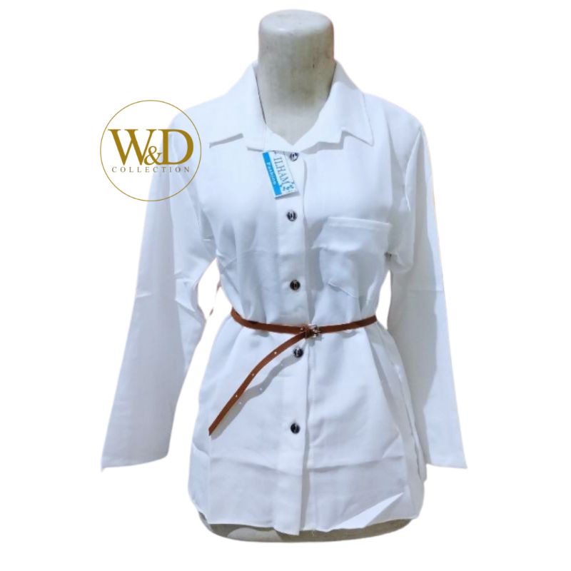 Kemeja Wanita Atasan Blouse Casual Polos Lengan Panjang Kekinian Bahan Moscrep Free belt model Korea-8