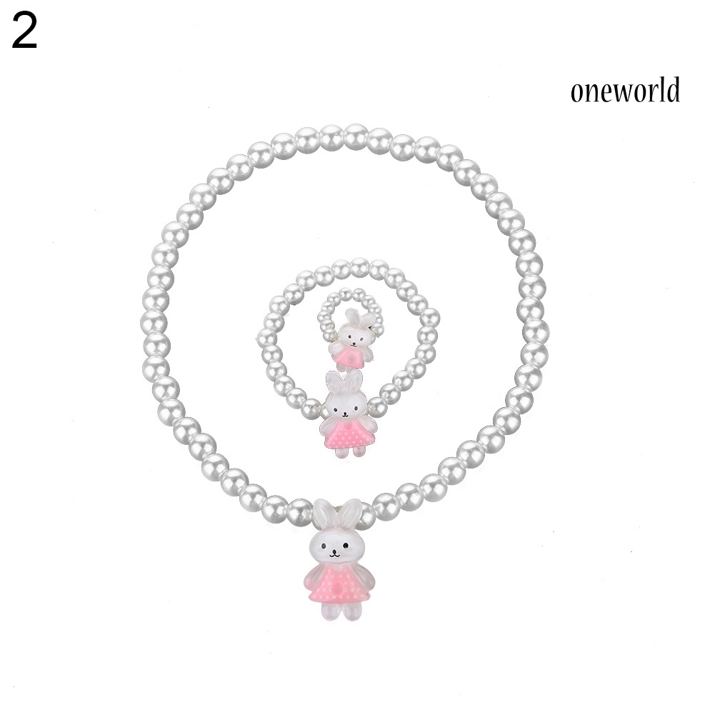 OW@ Children Girls Cute Bear Rabbit Pendant Beads Necklace Bracelet Ring Jewelry Set