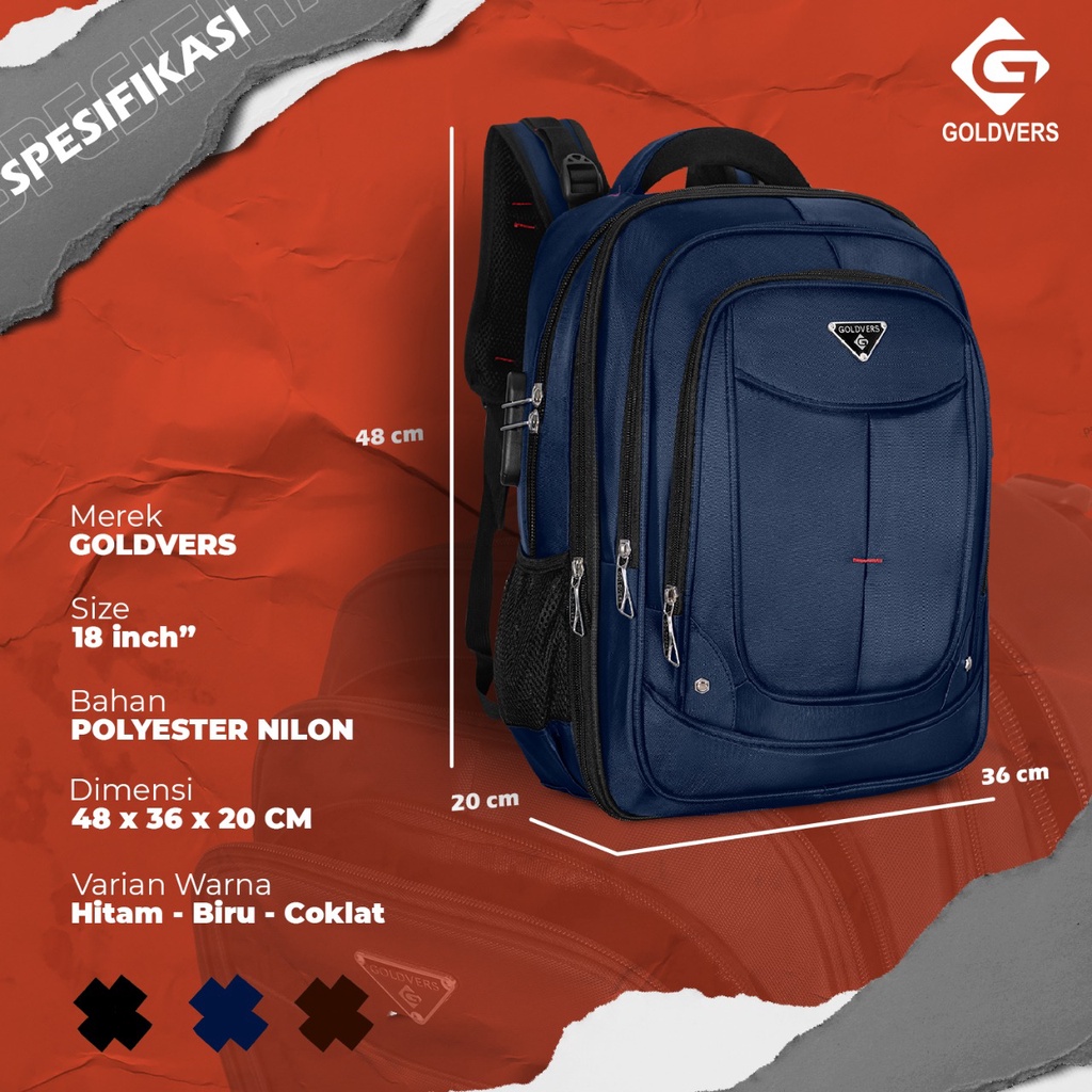 POLO GOLDVERS Backpack Pria Wanita Key Lock Tas Ransel Sekolah Kuliah Kerja 18 Inc High Quality Import FREE Kabel USB Port + Kompartemen Laptop 14 Inc