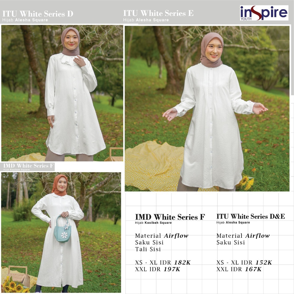 Inspire Midi Dress IMD 001 White Series F Bahan Airflow Model Terbaru dan Simple