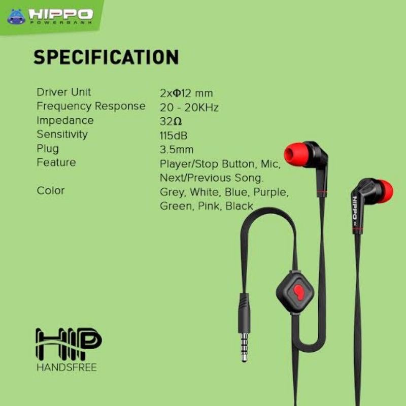 Headset Hippo Stylish Extra Bass Earphone Universal kack 3.5mm Hippo (HlP)