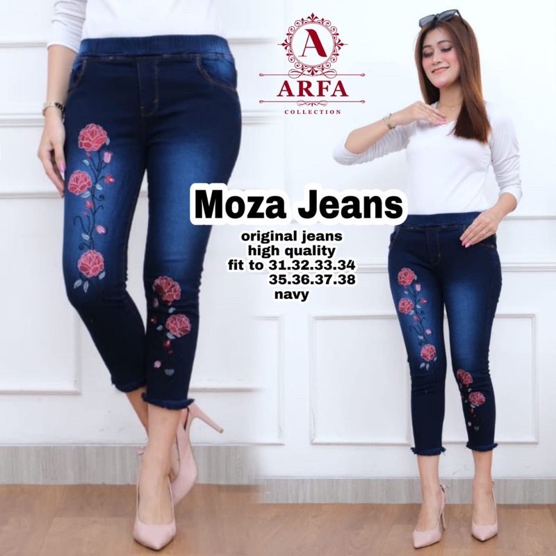 MOZA JEANS BORDIR BUNGA|CELANA JEANS BORDIR BUNGA PINGGANG KARET