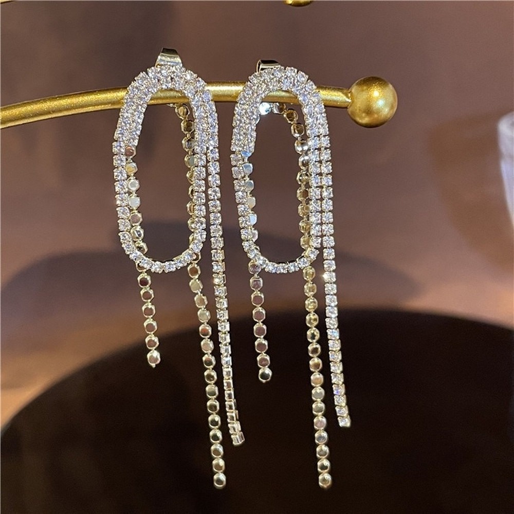 Anting Rumbai Panjang Aksen Berlian Imitasi Gaya Korea Untuk Wanita