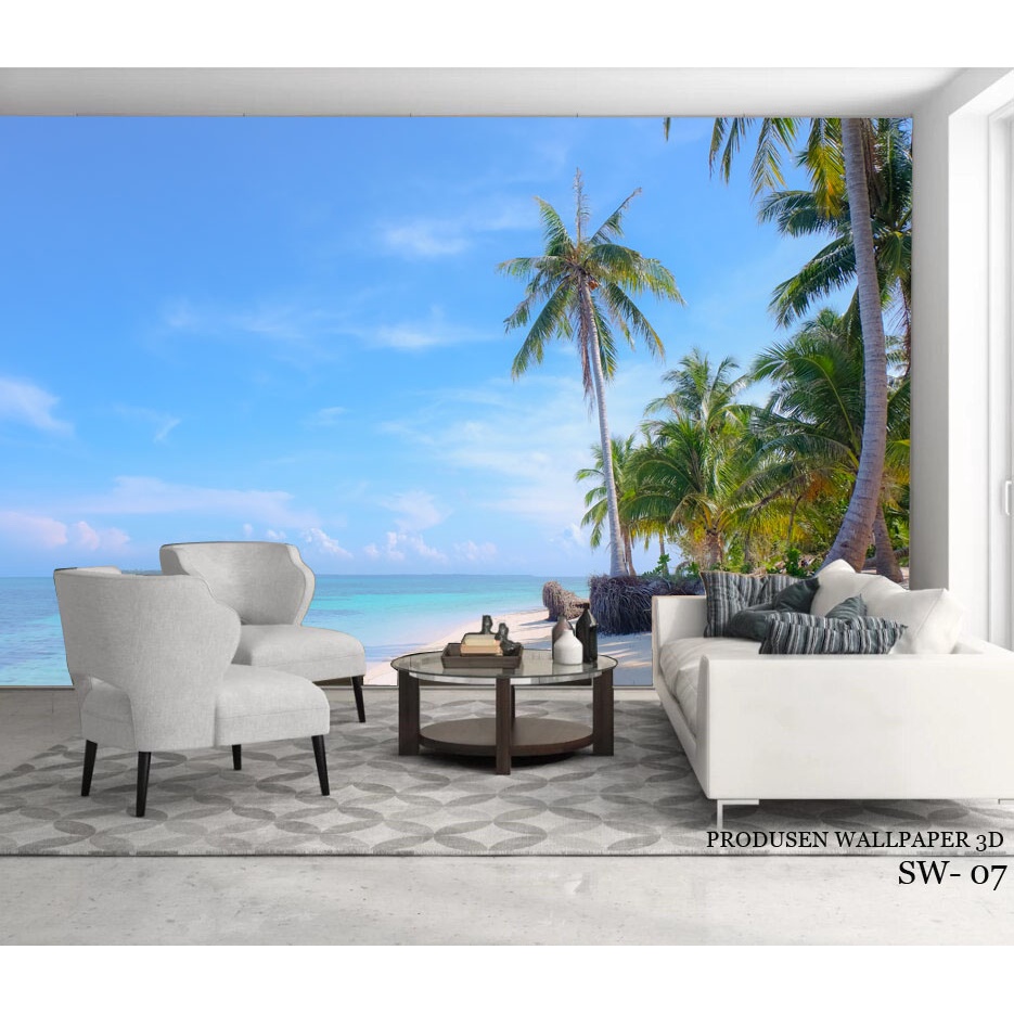 PRODUSEN LANGSUNG, Wallpaper Pemandangan 3 dimensi Pantai Pohon Kelapa untuk Ruang Tamu
