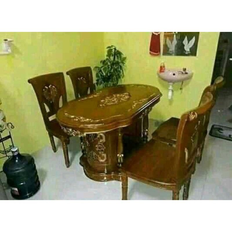 MEJA MAKAN JATI UKIR 4 KURSI MAKAN / KURSI MEJA MAKAN JATI UKIR MEWAH KOMBINASI EMAS ASLI JEPARA