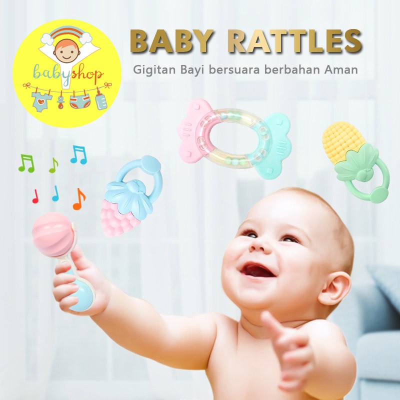 Mainan Bayi Shaking Bell dan Toy Teether dengan bahan silikon dan plastik aman