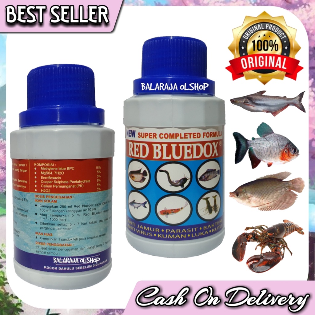 ORIGINAL Obat Ikan Obat Jamur Ikan Anti Virus Anti Parasit Luka Ikan Hias Gurame Emas Udang Bandeng Mujair Nila Arwana Lele Koi Patin RED BLUEDOX - Kemasan 125ML