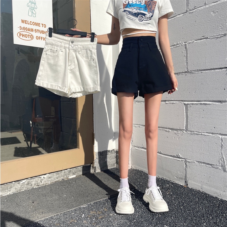 Jeans Baru Wanita Versi Korea Pinggang Tinggi Longgar Lebar Kaki Celana Pendek Lima Poin Hot Pants Celana Pendek Wanita Fashion Kasual High Waist