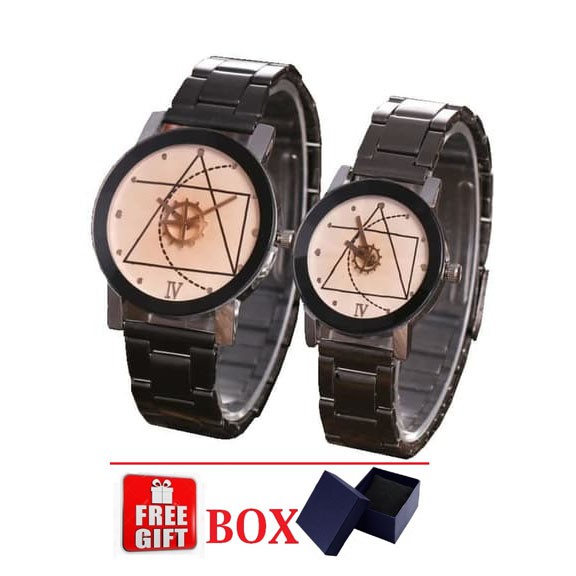 Jam Tangan Couple GEAR STEEL+BOX Pasangan Hitam Rantai Stainless Strap