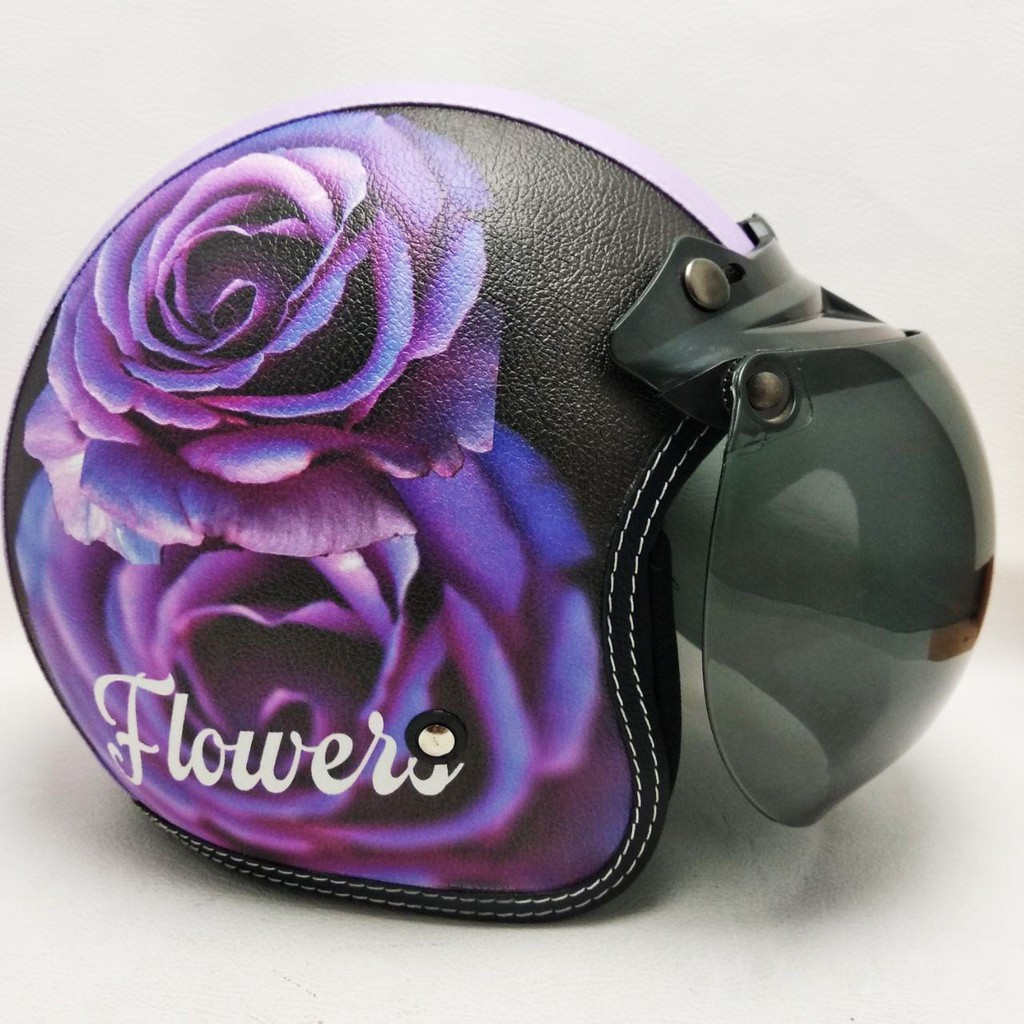 HELM BOGO RETRO KULIT Motif Bunga Ungu SNI Berkualitas